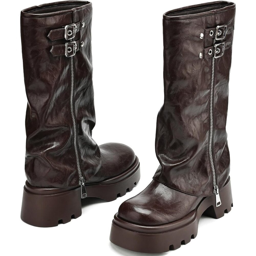 ⚡Women's Wide Calf Brown Knee High Riding Boot Chunky Low Heel Round Toe - Picture 3 of 6